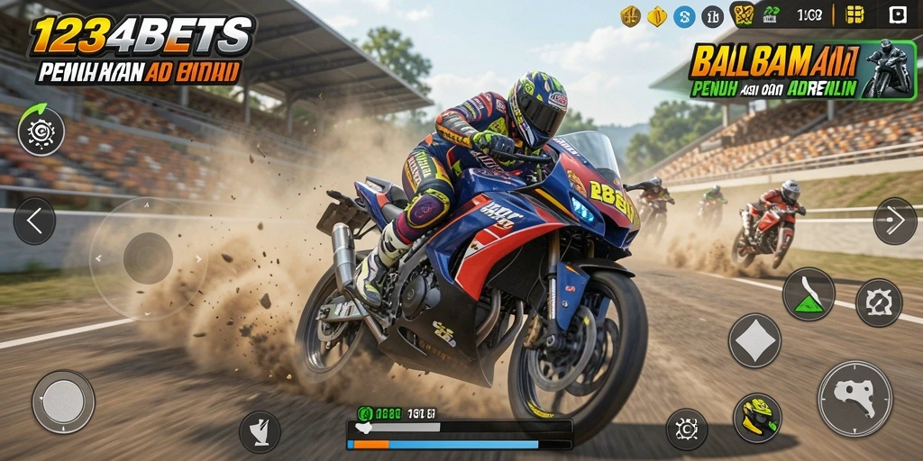 Screenshot gameplay seru 1234BETS saat balapan motor.