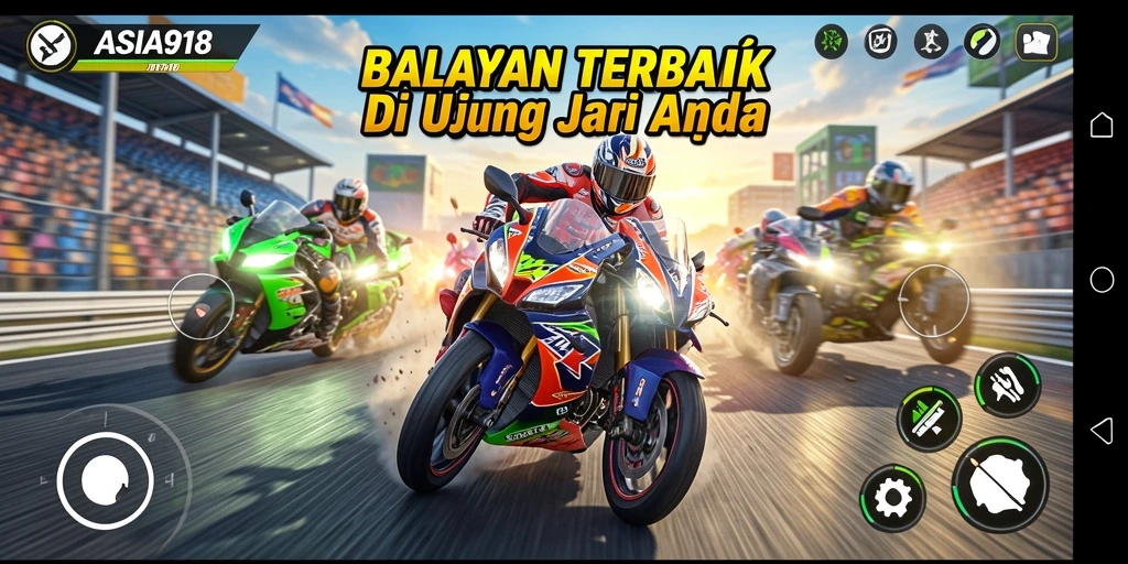 Screenshot dari gameplay balapan motor yang mendebarkan di ASIA918.