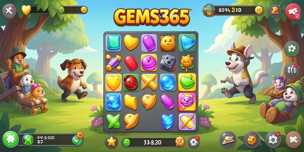 Tampilan gameplay menarik dari GEMS365 saat mencocokkan batu permata.