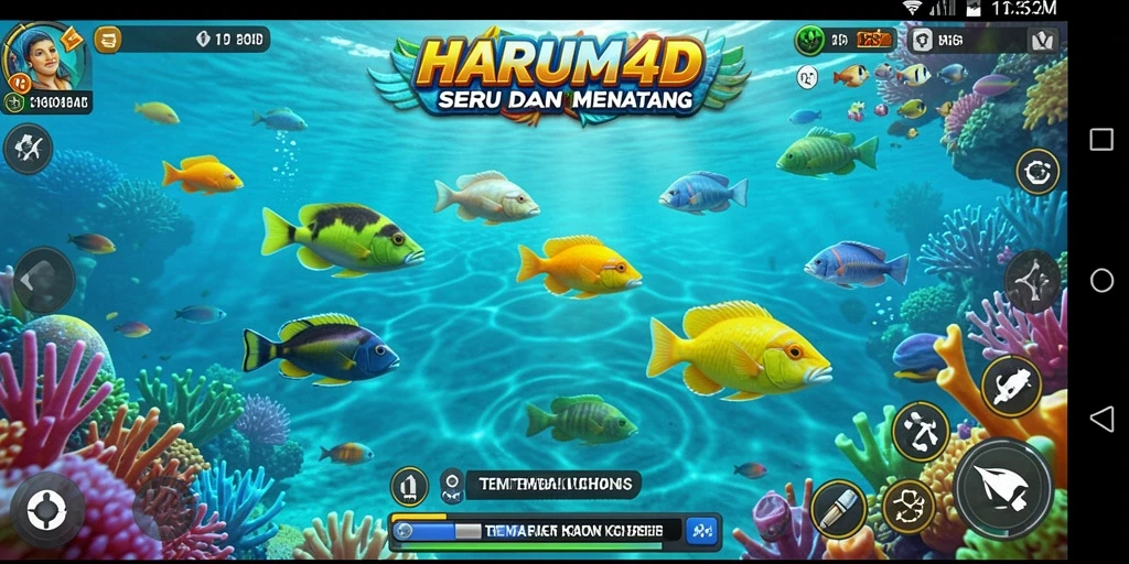 Screenshot gameplay menarik dari HARUM4D yang menunjukkan aksi Tembak Ikan.