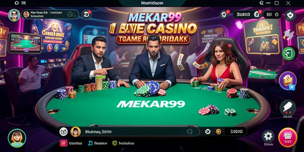 Screenshot gameplay MEKAR99 menampilkan dealer dan pemain dalam suasana kasino langsung.