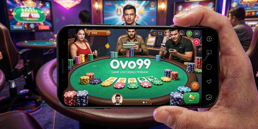 Screenshot gameplay Live Casino OVO99 dengan dealer langsung dan suasana kasino yang mengesankan.