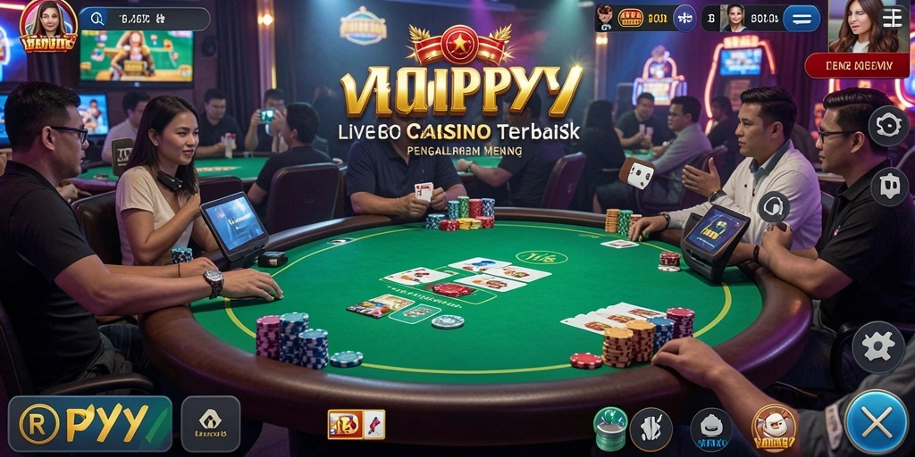 Screenshot gameplay RPYYY menampilkan dealer langsung dan suasana kasino.