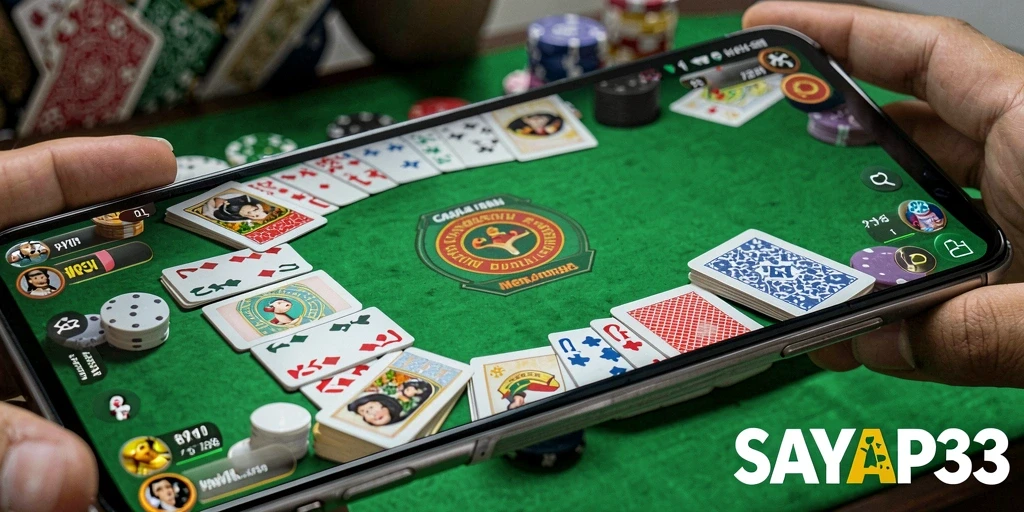 Screenshot utama SAYAP33 menampilkan gameplay Gaple yang seru dan interaktif.